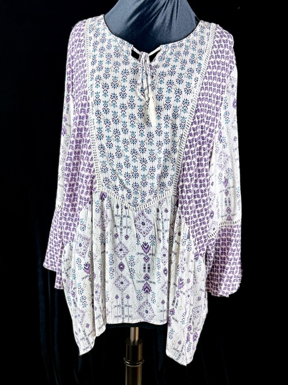 NWOT Coldwater Creek 3X Boho Purple White Long Tunic Top Crinkle Rayon and Lace